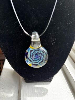 Artisan Glass Swirl Pendant Necklace - Blue Cord Chain Lobster Claw